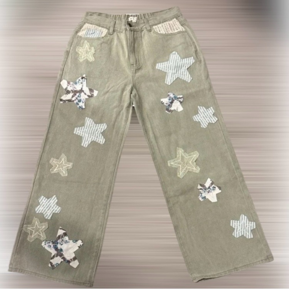 JUST IN! POL Star Patchwork Jeans Olive Green Straight Leg - Picture 6 of 10